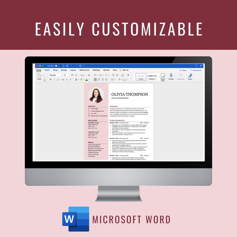 Puede incluir: Una pantalla de ordenador que muestra una plantilla de curr&iacute;culum en Microsoft Word. El curr&iacute;culum es para Olivia Thompson e incluye secciones para la informaci&oacute;n de contacto, el resumen, la educaci&oacute;n, la experiencia laboral y las habilidades. La plantilla es personalizable y presenta un esquema de color rosa y blanco.