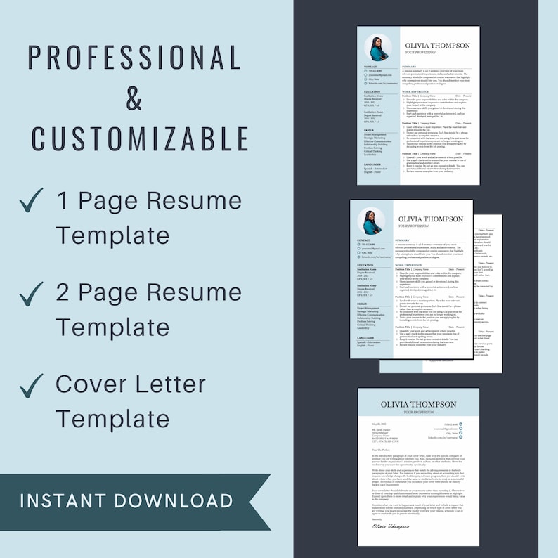 Puede incluir: Un gr&aacute;fico de descarga digital azul y blanco con el texto "PROFESSIONAL & CUSTOMIZABLE" y marcas de verificaci&oacute;n junto al texto "1 Page Resume Template", "2 Page Resume Template" y "Cover Letter Template". El gr&aacute;fico tambi&eacute;n incluye el texto "INSTANT DOWNLOAD".