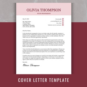 Puede incluir: Una plantilla de carta de presentaci&oacute;n rosa y blanca con el texto "Olivia Thompson" y "Tu profesi&oacute;n" en la parte superior. La plantilla incluye una carta de presentaci&oacute;n de muestra con instrucciones sobre c&oacute;mo escribir una carta de presentaci&oacute;n.