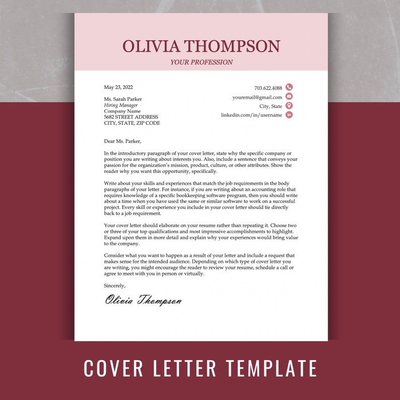 Puede incluir: Una plantilla de carta de presentaci&oacute;n rosa y blanca con el texto "Olivia Thompson" y "Tu profesi&oacute;n" en la parte superior. La plantilla incluye una carta de presentaci&oacute;n de muestra con instrucciones sobre c&oacute;mo escribir una carta de presentaci&oacute;n.