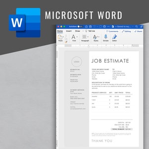 May include: A job estimate template in Microsoft Word with a black and white design. The template includes sections for estimate number, date, valid till, payment methods, description of work, product/service, quantity, unit price, and total. The template also includes a subtotal, discount, tax, and total estimate.