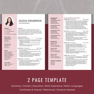 Puede incluir: Una plantilla de curr&iacute;culum de dos p&aacute;ginas con un fondo burdeos y acentos rosados. El curr&iacute;culum incluye secciones para informaci&oacute;n de contacto, educaci&oacute;n, experiencia laboral, habilidades, idiomas, certificados y premios, referencias e intereses personales. La plantilla est&aacute; dise&ntilde;ada para ayudar a los buscadores de empleo a crear un curr&iacute;culum profesional y visualmente atractivo.