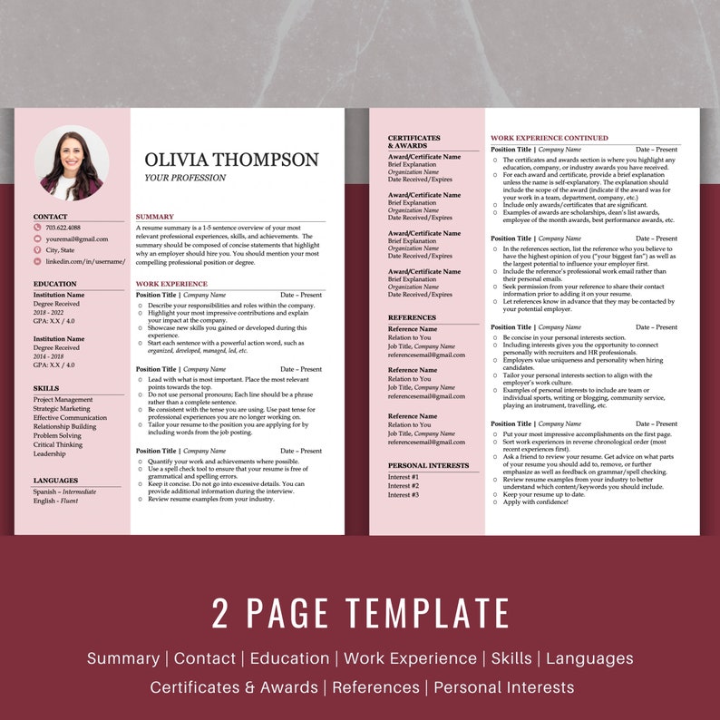 Puede incluir: Una plantilla de curr&iacute;culum de dos p&aacute;ginas con un fondo burdeos y acentos rosados. El curr&iacute;culum incluye secciones para informaci&oacute;n de contacto, educaci&oacute;n, experiencia laboral, habilidades, idiomas, certificados y premios, referencias e intereses personales. La plantilla est&aacute; dise&ntilde;ada para ayudar a los buscadores de empleo a crear un curr&iacute;culum profesional y visualmente atractivo.