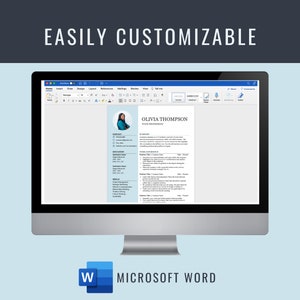 Puede incluir: Una pantalla de ordenador que muestra un documento de Microsoft Word con una plantilla de curr&iacute;culum. El curr&iacute;culum es para Olivia Thompson, una profesional junior. La plantilla incluye secciones para la informaci&oacute;n de contacto, la educaci&oacute;n, las habilidades y la experiencia laboral.