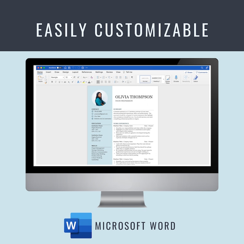 Puede incluir: Una pantalla de ordenador que muestra un documento de Microsoft Word con una plantilla de curr&iacute;culum. El curr&iacute;culum es para Olivia Thompson, una profesional junior. La plantilla incluye secciones para la informaci&oacute;n de contacto, la educaci&oacute;n, las habilidades y la experiencia laboral.