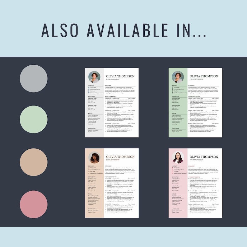 Puede incluir: Cuatro opciones de color diferentes para una plantilla de curr&iacute;culum. La plantilla presenta un dise&ntilde;o profesional con una foto, informaci&oacute;n de contacto, habilidades, experiencia laboral, educaci&oacute;n e idiomas. Los colores son gris, verde claro, beige y rosa.