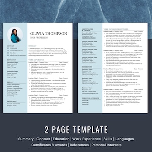 Puede incluir: Una plantilla de curr&iacute;culum de dos p&aacute;ginas con una foto profesional de una mujer. La plantilla incluye secciones para informaci&oacute;n de contacto, resumen, educaci&oacute;n, experiencia laboral, habilidades, idiomas, certificados y premios, referencias e intereses personales.