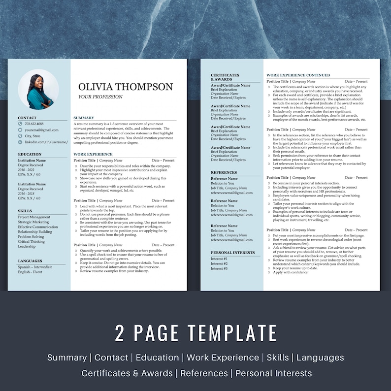 Puede incluir: Una plantilla de curr&iacute;culum de dos p&aacute;ginas con una foto profesional de una mujer. La plantilla incluye secciones para informaci&oacute;n de contacto, resumen, educaci&oacute;n, experiencia laboral, habilidades, idiomas, certificados y premios, referencias e intereses personales.