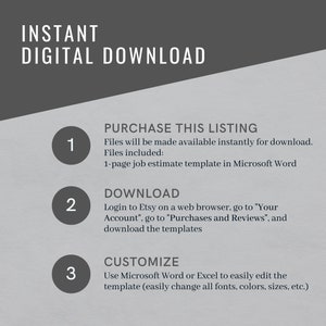 May include: A three-step guide for purchasing and customizing a job estimate template. The steps are numbered 1, 2, and 3. The steps are: Purchase this listing, Download, and Customize. The guide includes instructions for downloading the template from Etsy and customizing it using Microsoft Word or Excel.
