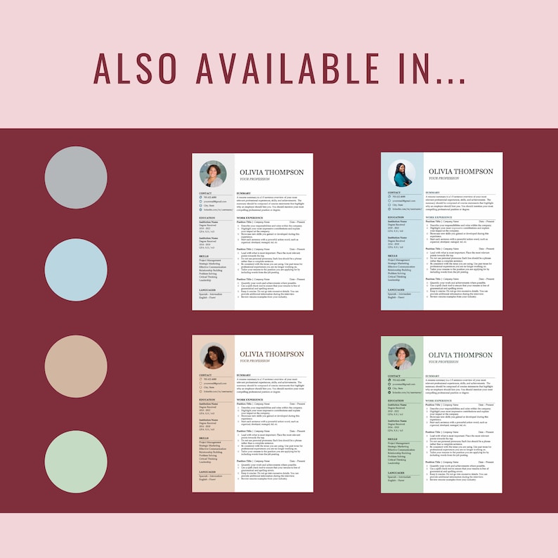 Puede incluir: Cuatro variaciones de color diferentes de una plantilla de curr&iacute;culum. La plantilla incluye una foto, informaci&oacute;n de contacto, habilidades, experiencia laboral, educaci&oacute;n e idiomas. Los colores son gris, azul claro, beige y verde claro.