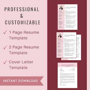 Puede incluir: Un producto de descarga digital rosa y blanco para una plantilla de curr&iacute;culum y carta de presentaci&oacute;n profesional y personalizable. La imagen muestra tres plantillas diferentes: un curr&iacute;culum de una p&aacute;gina, un curr&iacute;culum de dos p&aacute;ginas y una carta de presentaci&oacute;n. El texto "DESCARGA INSTANT&Aacute;NEA" est&aacute; en la parte inferior de la imagen.