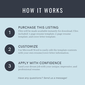 Puede incluir: Un gr&aacute;fico azul y blanco con el texto "HOW IT WORKS" en una fuente grande. El gr&aacute;fico describe tres pasos para comprar una plantilla de curr&iacute;culum: 1. Compra esta publicaci&oacute;n, 2. Personaliza, y 3. Postula con confianza.