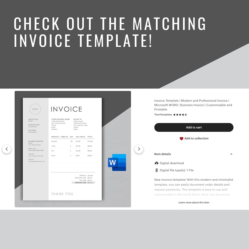 May include: A black and white invoice template in Microsoft Word format. The template has a modern and minimalist design with a simple layout. It includes sections for invoice number, date, customer information, product details, and payment information. The template is customizable and printable.