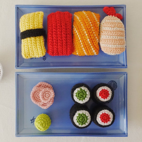 Complete Sushi Set Crochet Pattern - Intermediate Skill Level, Four Nigiri Sushi, Maki, Wasabi, Ginger, Edamame, & Soy Sauce.