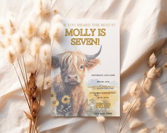 EDITABLE highland cow birthday party invitation, highland cow and sunflower party printable, country cow party invite, printable
