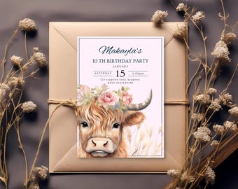 May include: A birthday party invitation with a watercolor illustration of a Highland cow wearing a floral crown. The text on the invitation reads "Makayla's 10th Birthday Party, January 15, 3:00pm, 123 yeppoon road, yeppoon, RSVP 0123456789."