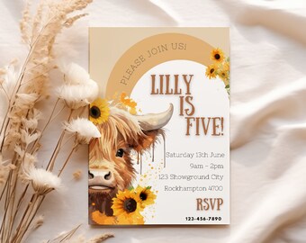 EDITABLE highland cow birthday party invitation, highland cow and sunflower party printable, cute cow in sunflowers party invite, printable