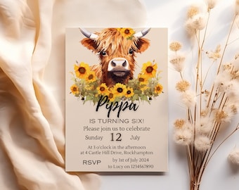 EDITABLE highland cow birthday party invitation, highland cow and sunflower party printable, cute cow in sunflowers party invite, printable
