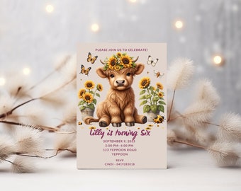 Highland Cow Birthday Invitation, Sunflower Party (Editable, Digital Download)