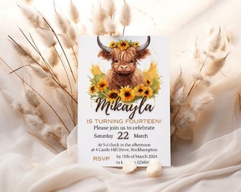 Highland Cow Birthday Invitation, Sunflower Party, Printable (Digital Download)