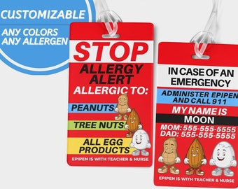 Personalized Food Allergy Tag Emergency Medical Contact Card Allergen Alert Custom Luggage Tag Personalized School Alert Bag Tag Kid Luggage