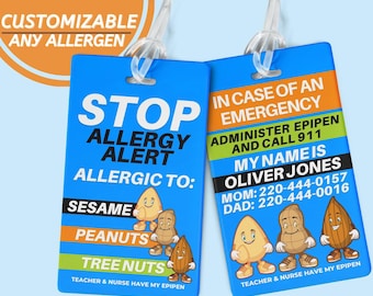 Custom Food Allergy Tag Emergency Medical Contact Card Food Allergen Alert Custom Luggage Tag Personalized Backpack Tag School Bag Tag Kid