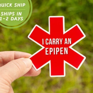 Medical Symbol - I Carry An EpiPen Sticker Red - Severe Food Allergies water bottle - lunchbox - scratch resistant / back to school