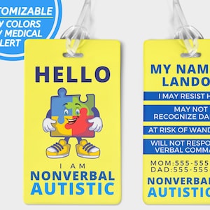 Autism Bag Tag Autism Awareness Autism Non verbal Medical Alert Tag Backpack Tag Autistic Alert Tag Medical Card Neurodiversity Autism mom