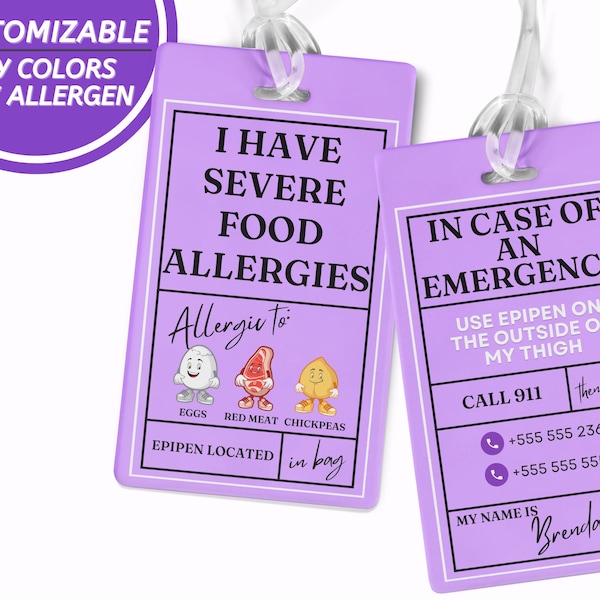 Personalized Medical Alert ID Tag Epi-Pen Inside Tag Food Allergy Alert Tag Food Allergy Warning Bag Tag Customized Food Allergy Card Peanut