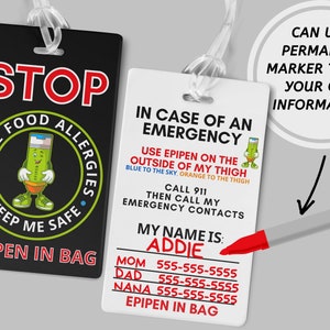 Étiquette Epipen personnalisée Alerte médicale Je transporte EpiPen Alerte allergie liste de garderies Allergies contre les allergies aux arachides Sac à dos Alerte médicale Étiquette de sac personnalisée