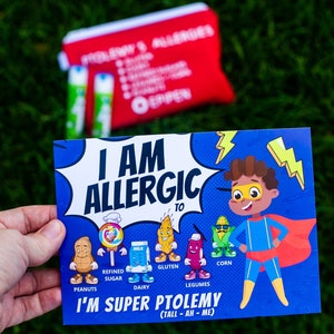 Lebensmittel Allergie Karten Anpassbare Superhero Restaurant Card Caregiver Planer Vorschule Tracker Form Medizinische Alarmkarten Vorschule Mittagsmenü