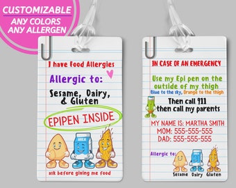 Personalized Allergy Tag Food Allergy Alert Backpack Tag Medical Alert Tag Emergency Medical Contact Card Peanut Allergy TreeNut Allergy Soy