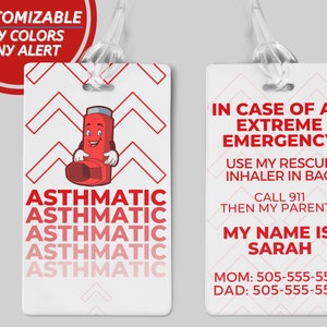 Etiqueta para bolsa de inhalador para el asma Concientización sobre el asma Tengo asma Inhalador en el interior Tarjeta de alerta médica para el asma Niño asmático Tarjeta para el asma Etiqueta médica para niños
