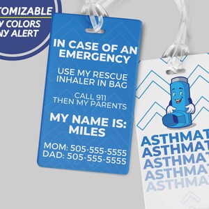 Asthma Alert ID Card Custom Luggage Tag Asthmatic Medical Bag Tag Backpack Name Tag Asthma Inhaler Inside Asthma School Bag Tag Kid Asthma