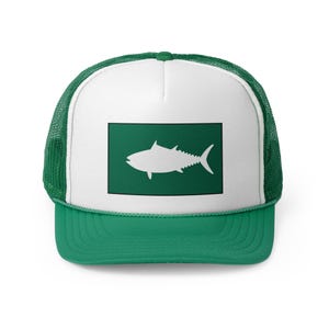 May include: A white trucker hat with a green mesh back. The front of the hat features a green square with a white silhouette of a tuna fish.
