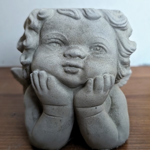 Cherub Cupid Face Pot, Behälter, Blumentopf, Büste, Skulptur Mythologie Zement, Pflanzenliebhaber, Frauengesicht, Skulptur, Goddess Planter