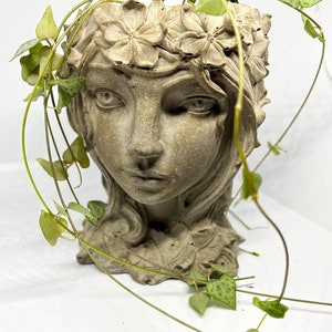 Nature Nymph (Pot) Face Pot, container, flower pot, bust, sculpture mythology cement, plant lover, womens face, sculpture,  Goddess Planter