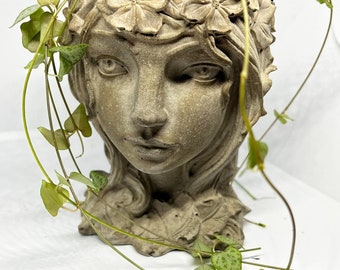 Nature Nymph (Pot) Face Pot, container, flower pot, bust, sculpture mythology cement, plant lover, womens face, sculpture,  Goddess Planter