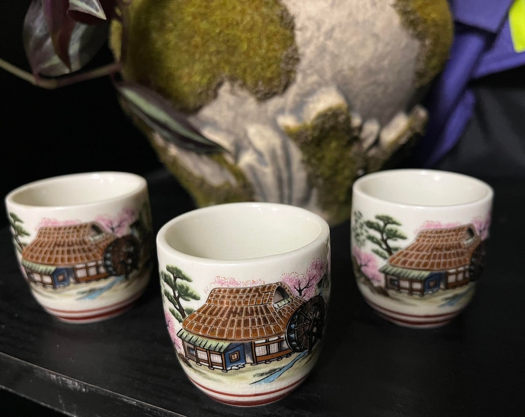 Vintage Chinese Restaurant Tea, Sake Cups Scenic Set of 3 Antique