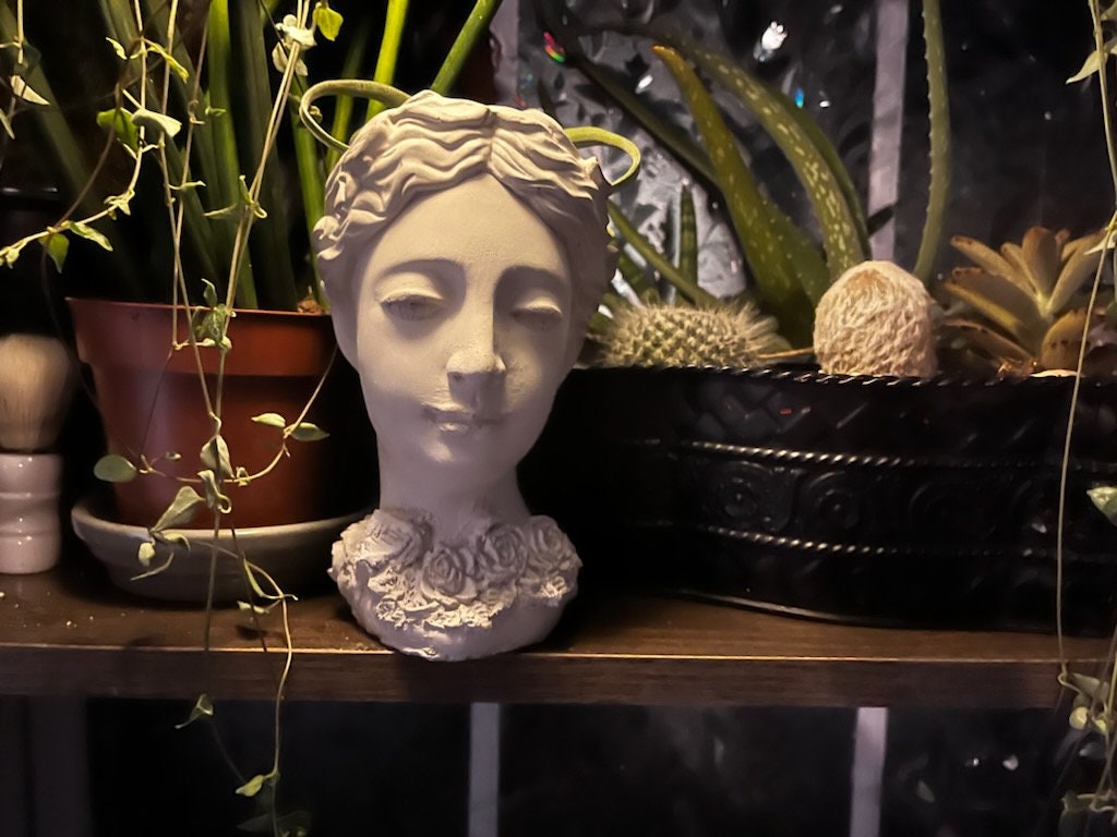 Greek Goddess (Pot) Face Pot, container, flower pot, bust, sculpture mythology cement, plant lover, womens face, sculpture,  Goddess Planter