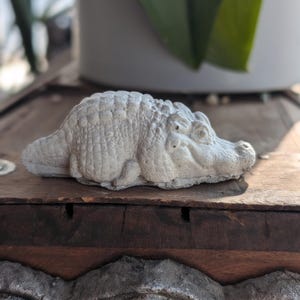 May include: A small, light gray alligator figurine with textured skin detail. The alligator is lying down on a wooden surface. The figurine is a decorative item, possibly for a home or garden.
