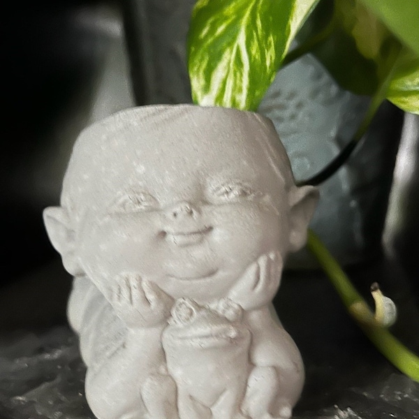 Boy & His Frog (Pot)| Face Pot| Container| Funny Cute Pot| Flower pot| Bust| Sculpture Fantasy| Christian | Stocking Stuffer for plant lover