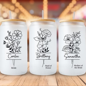 Personalized Bridesmaid Birth Flower Cup, Bridesmaid Proposal,  Bridal Party Gift, Glass Iced Coffee Cup, Gifts for Her, Mothers Day Gift