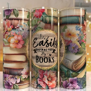 Easily Distracted by Books, Gift for Book Lover, Book Lover, 20 oz., stainless steel, skinny, tumbler