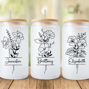 Personalized Birth Flower Coffee Cup, Glass Iced Coffee Cup, Personalized Birth Flower Tumbler, Mothers Day Gift, Birth Flower Glass