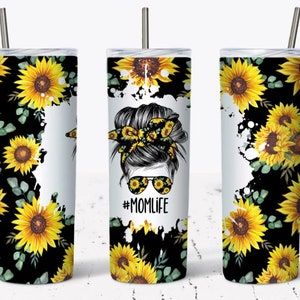 20 oz Skinny Tumbler, #momlife, Messy Bun, Black, Sunflower, Stainless Steel Tumbler