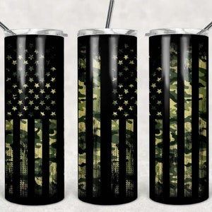 Camo, Black American Flag, Patriotic, 20 oz. Stainless Steel Tumbler