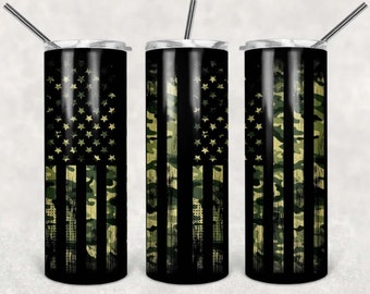 Camuflaje, bandera estadounidense negra, patriótico, vaso de acero inoxidable de 20 oz