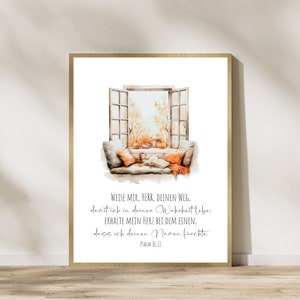 Könnte beinhalten: Ein Aquarellbild eines Fensters mit Blick auf Herbstlaub. Das Fenster ist geöffnet und es gibt eine gemütliche Fensterbank mit Kissen und einem Buch. Der Text "WEISE MIR, HERR, DEINEN WEG, damit ich in deiner Wahrheit lebe ERHALTE MEIN HERZ BEI DEM EINEN, dass ich deinen Namen fürchte PSALM 16.11" steht unter dem Bild.