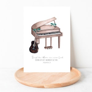 Christelijke ansichtkaart | Kaart met Bijbelvers | Psalm 98:1a | Piano en gitaar